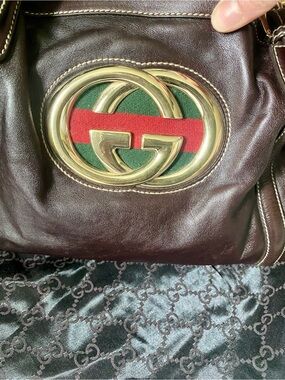 Gucci Dark Brown Leather Shoulder Bag with Green-Red Web and Gold Hardware
